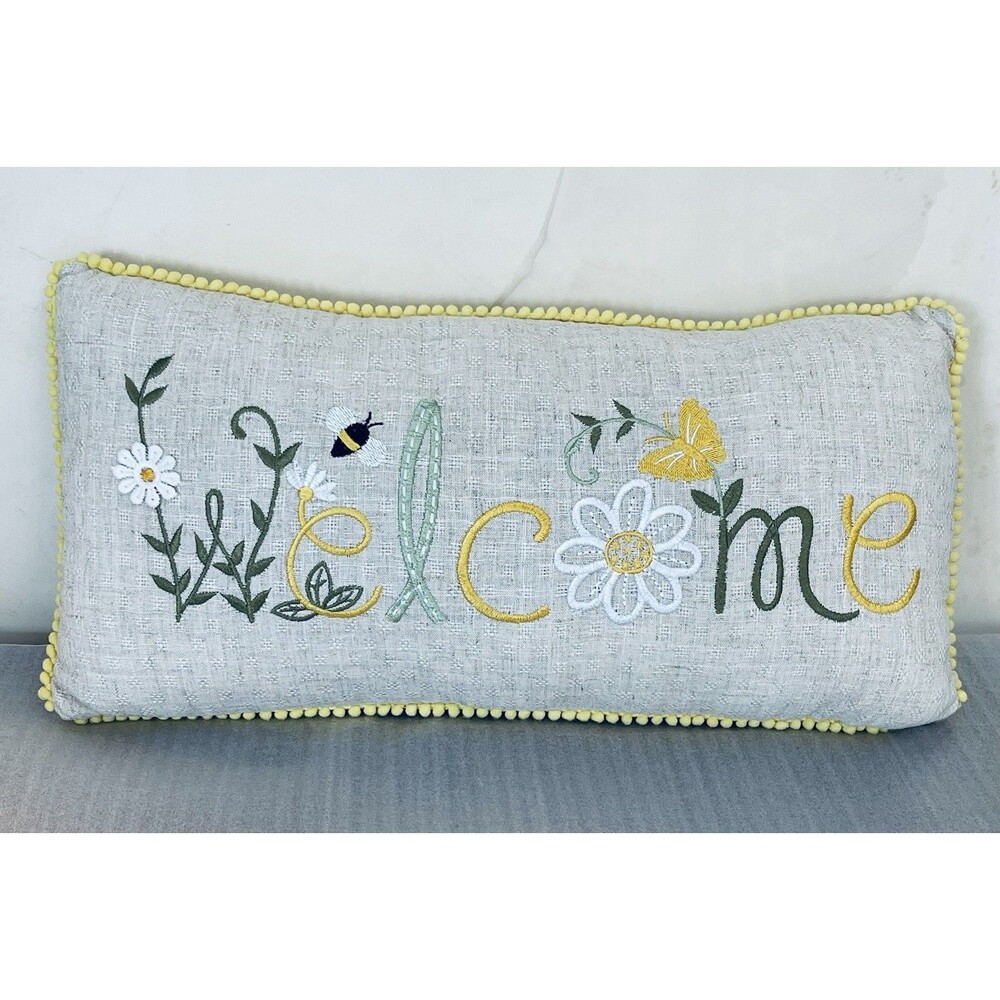 Pier 1 Imports Welcome Lumbar Accent Pillow Embroidered Bee Daisy Pom Trim 17x9